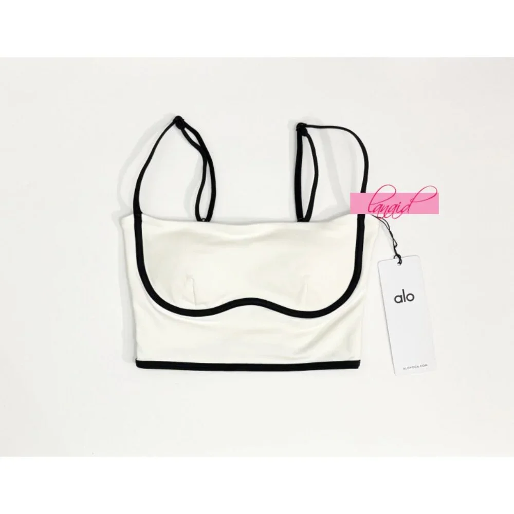 Alo Airbrush Streamlined Bra Tank Ivory Black Padded Sports Bralette Crop Top XS
